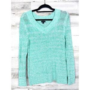 Talbots Womens M Teal Blue Fleck Wide Knit Long Sleeve V Neck Pullover Sweater